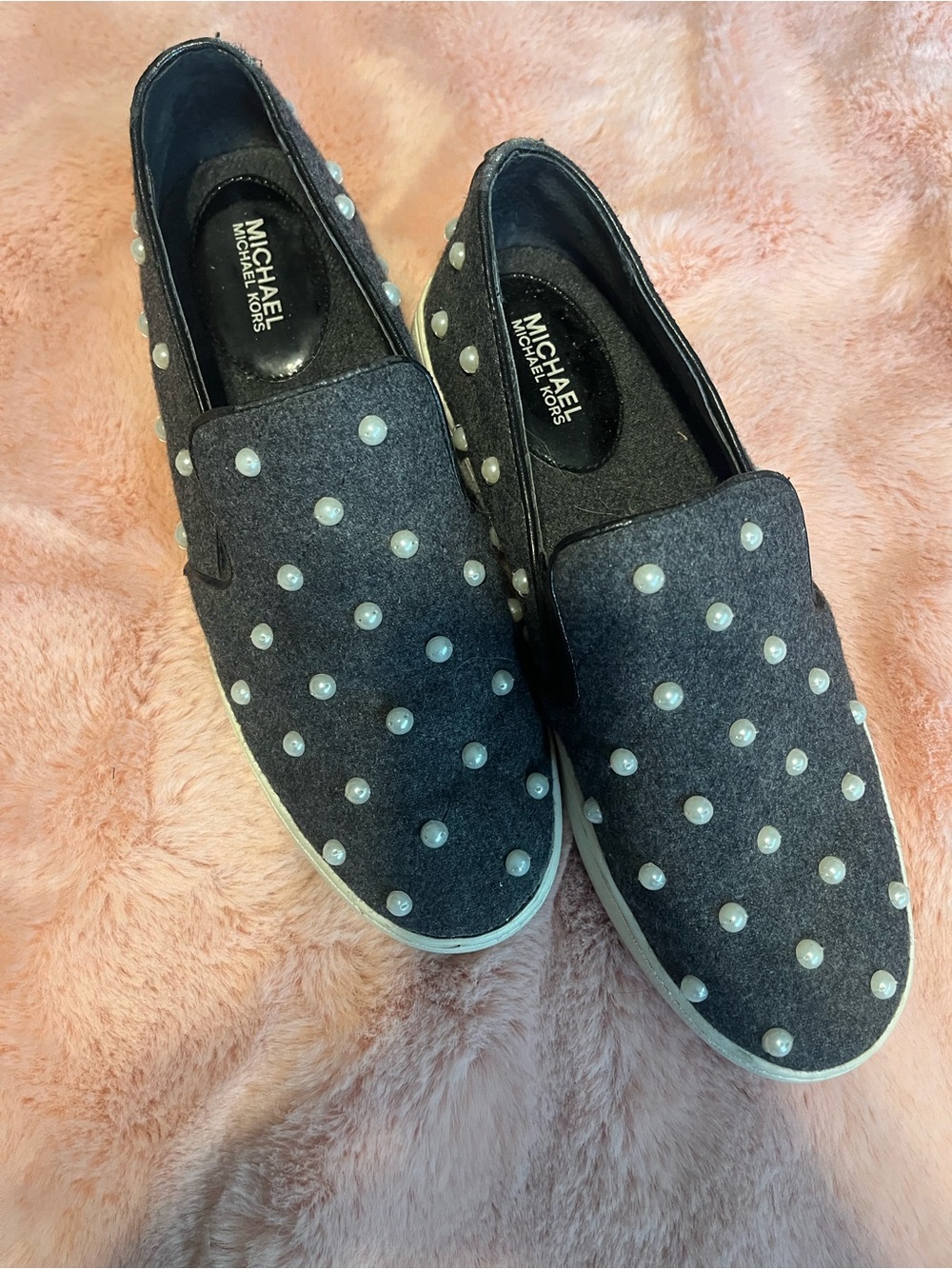 MICHAEL Michael Kors Black Pearl-Studded Slip-On Flats